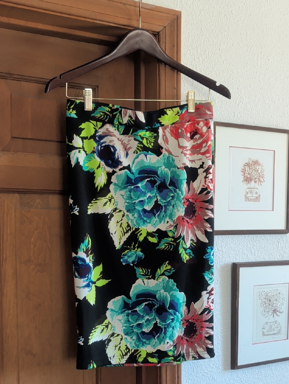 Angie Black Pencil Skirt with Teal, Green & Coral Floral Print